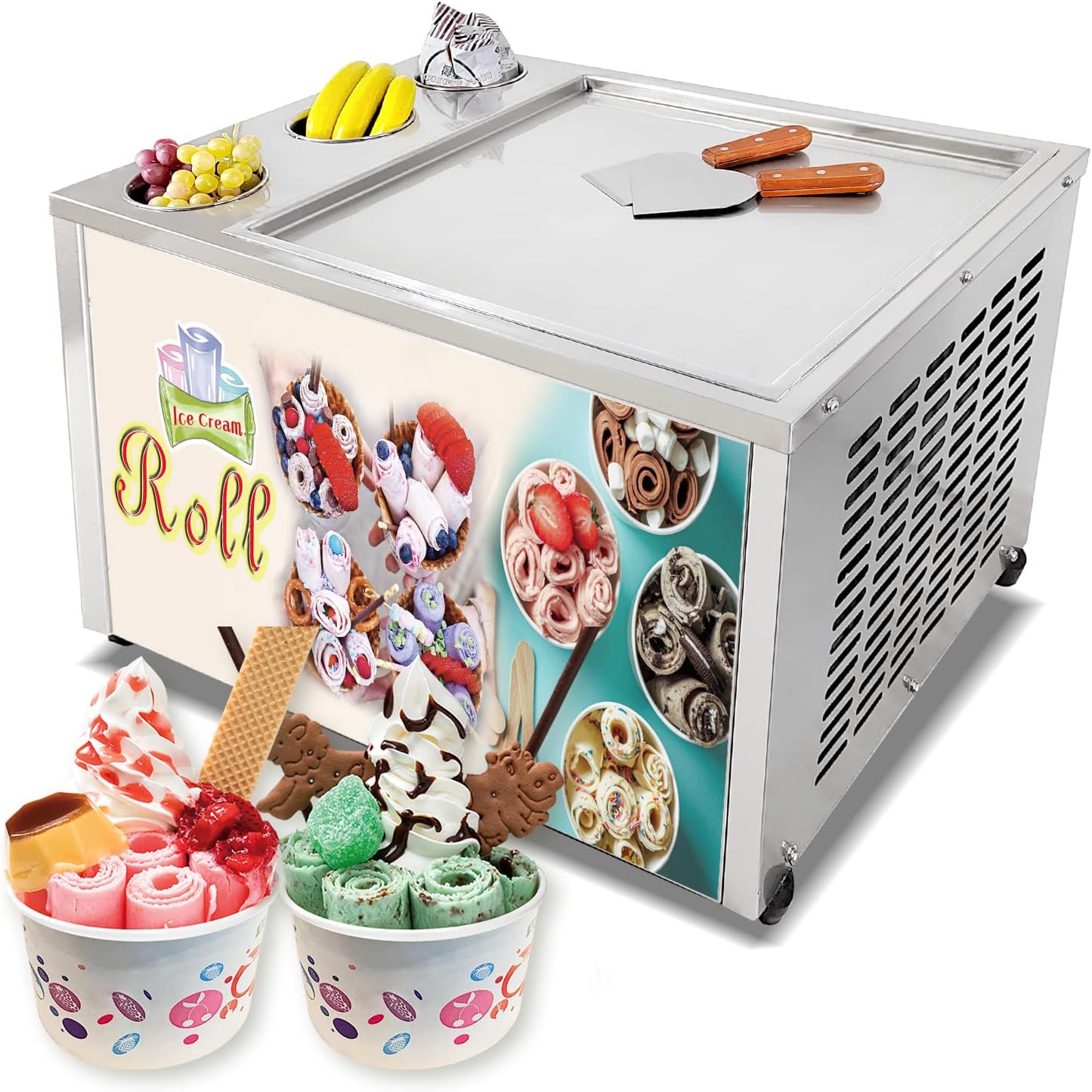  Kolice Commercial Commercial Single Round Ice Pan Fried Ice  Cream Machine, Snack Food Machine, Roll Ice Cream Maker-auto defros, samrt  AI tempreture controllert, 22'' dia pan: Home & Kitchen