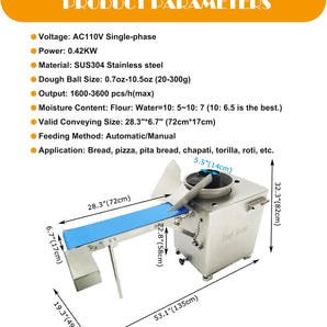 Dough Rounder Machine Pizza Dough Rounder 0.7-10.5oz(20-300g) Dough Ball Roller Maker Electric Dough Ball Forming Machine Dough Rounding for Bread, Steamed Bread, Pastry 1600-3600pcs/h