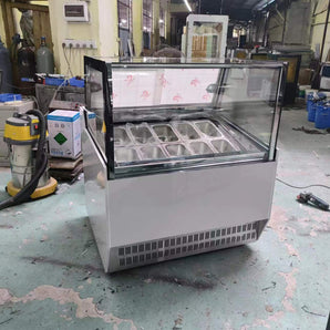 10 Pans Ice Cream Showcase Display Freezer Ice Cream Display Cooler-White Color,Cool Air Convection Design,Auto Defrost, Anti-Fog Glass,LED light